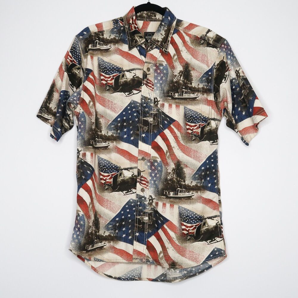 Redhead Mens Button Up Shirt Size Small USA America Flag‎ Patriotic Army Marines